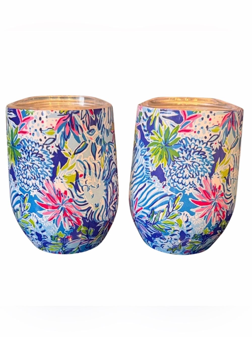 Lilly Pulitzer Lion Around Print Floral Insulated Tumbler Set of 2 Wine Cups